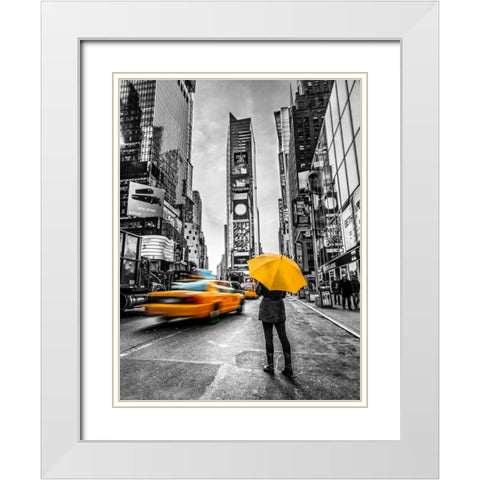 Man with yellow umbrella at Times square, New York White Modern Wood Framed Art Print with Double Matting by Frank, Assaf