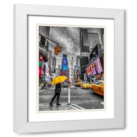Man with yellow umbrella at Times square, New York White Modern Wood Framed Art Print with Double Matting by Frank, Assaf