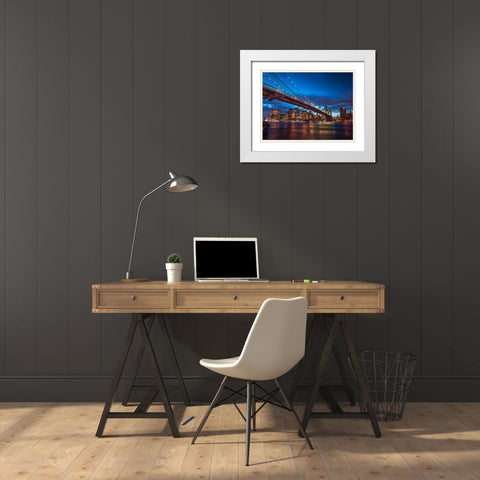 Brooklyn Bridge and lower Manhattan skyline at dusk, New York White Modern Wood Framed Art Print with Double Matting by Frank, Assaf