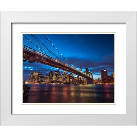 Brooklyn Bridge and lower Manhattan skyline at dusk, New York White Modern Wood Framed Art Print with Double Matting by Frank, Assaf