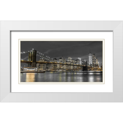 Brooklyn Bridge and lower Manhattan skyline at dusk, New York White Modern Wood Framed Art Print with Double Matting by Frank, Assaf