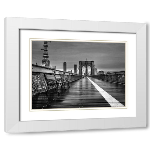 Empty bench on the pedestrian walkway of the Brooklyn Bridge, New York White Modern Wood Framed Art Print with Double Matting by Frank, Assaf