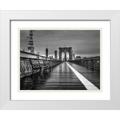 Empty bench on the pedestrian walkway of the Brooklyn Bridge, New York White Modern Wood Framed Art Print with Double Matting by Frank, Assaf