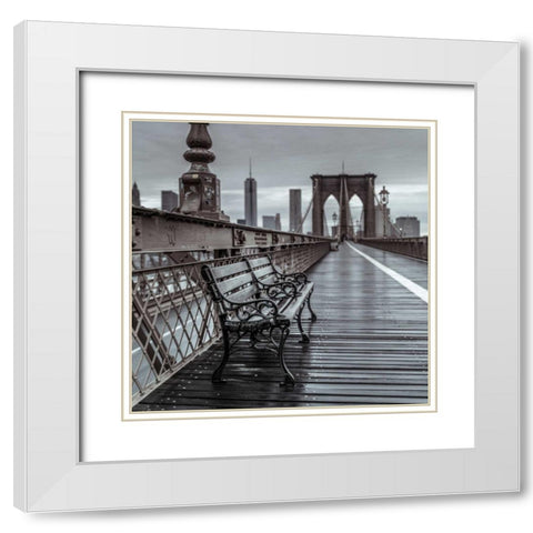 Empty bench on the pedestrian walkway of the Brooklyn Bridge, New York White Modern Wood Framed Art Print with Double Matting by Frank, Assaf
