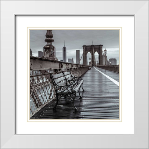 Empty bench on the pedestrian walkway of the Brooklyn Bridge, New York White Modern Wood Framed Art Print with Double Matting by Frank, Assaf