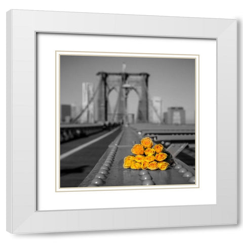 Bunch of roses on Brooklyn Bridge, New York White Modern Wood Framed Art Print with Double Matting by Frank, Assaf