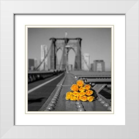 Bunch of roses on Brooklyn Bridge, New York White Modern Wood Framed Art Print with Double Matting by Frank, Assaf