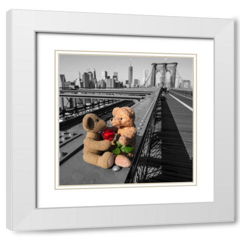 Pair of teddy bears with a red rose on Brooklyn Bridge, New York White Modern Wood Framed Art Print with Double Matting by Frank, Assaf