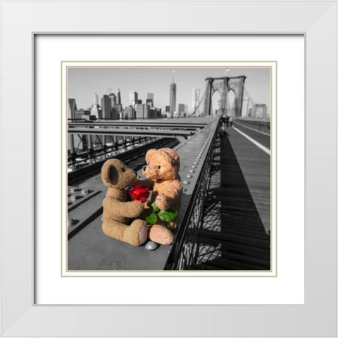 Pair of teddy bears with a red rose on Brooklyn Bridge, New York White Modern Wood Framed Art Print with Double Matting by Frank, Assaf