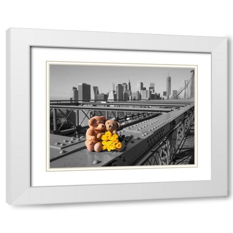 Pair of teddy bears and bunch of roses on Brooklyn Bridge, New York White Modern Wood Framed Art Print with Double Matting by Frank, Assaf