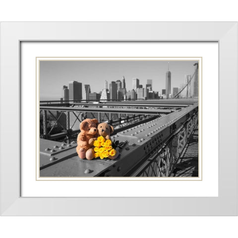 Pair of teddy bears and bunch of roses on Brooklyn Bridge, New York White Modern Wood Framed Art Print with Double Matting by Frank, Assaf