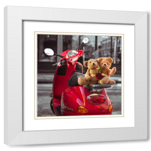 Teddy bears with red rose on a scooter, New York White Modern Wood Framed Art Print with Double Matting by Frank, Assaf