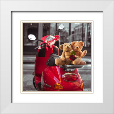 Teddy bears with red rose on a scooter, New York White Modern Wood Framed Art Print with Double Matting by Frank, Assaf