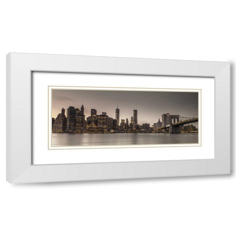 Evening shot of Lower Manhattan skyline, New York White Modern Wood Framed Art Print with Double Matting by Frank, Assaf