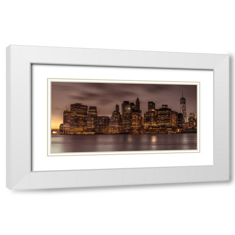 Evening shot of Lower Manhattan skyline, New York White Modern Wood Framed Art Print with Double Matting by Frank, Assaf
