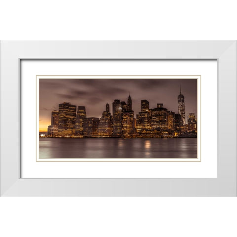 Evening shot of Lower Manhattan skyline, New York White Modern Wood Framed Art Print with Double Matting by Frank, Assaf