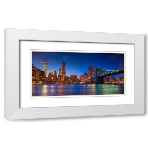 Evening shot of Lower Manhattan skyline and Brooklyn Bridge, New York White Modern Wood Framed Art Print with Double Matting by Frank, Assaf