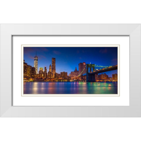 Evening shot of Lower Manhattan skyline and Brooklyn Bridge, New York White Modern Wood Framed Art Print with Double Matting by Frank, Assaf