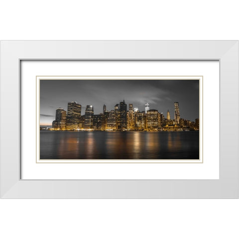 Evening shot of Lower Manhattan skyline, New York White Modern Wood Framed Art Print with Double Matting by Frank, Assaf