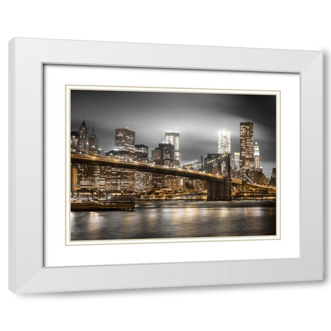 Evening shot of Brooklyn Bridge with Lower Manhattan skyline, New York White Modern Wood Framed Art Print with Double Matting by Frank, Assaf