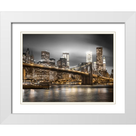 Evening shot of Brooklyn Bridge with Lower Manhattan skyline, New York White Modern Wood Framed Art Print with Double Matting by Frank, Assaf