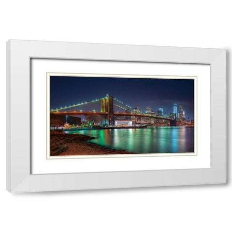 Evening shot of Brooklyn Bridge and Lower Manhattan skyline, New York White Modern Wood Framed Art Print with Double Matting by Frank, Assaf