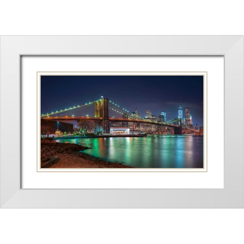 Evening shot of Brooklyn Bridge and Lower Manhattan skyline, New York White Modern Wood Framed Art Print with Double Matting by Frank, Assaf