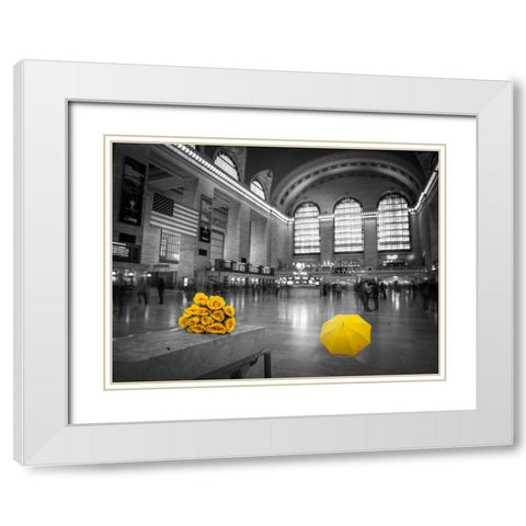 Bunch of yellow roses and umbrella in Grand Central Terminal, New York White Modern Wood Framed Art Print with Double Matting by Frank, Assaf