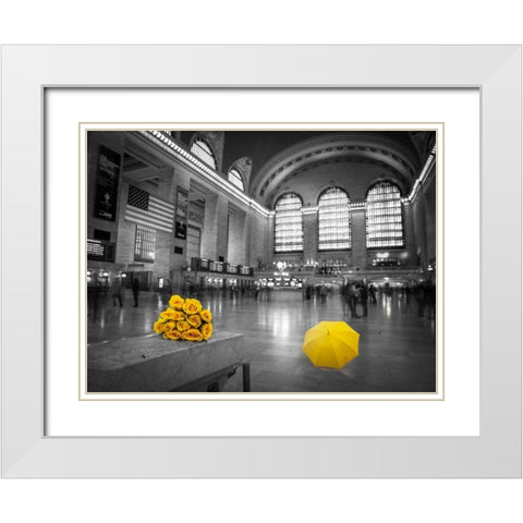 Bunch of yellow roses and umbrella in Grand Central Terminal, New York White Modern Wood Framed Art Print with Double Matting by Frank, Assaf