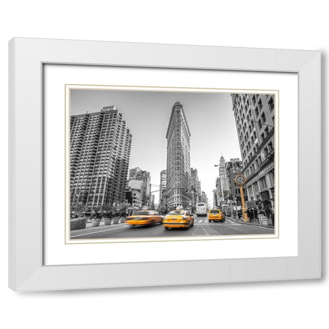 Yellow Taxis- Flatiron Building-Manhattan-New York White Modern Wood Framed Art Print with Double Matting by Frank, Assaf