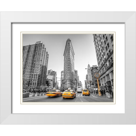 Yellow Taxis- Flatiron Building-Manhattan-New York White Modern Wood Framed Art Print with Double Matting by Frank, Assaf