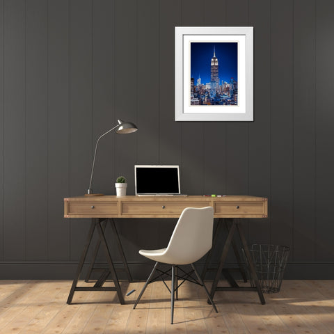 Empire State Building with New York City Manhattan skyline with skyscrapers White Modern Wood Framed Art Print with Double Matting by Frank, Assaf