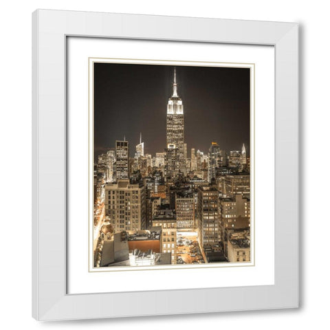 Illuminated Manhattan skyline at twilight - New York City White Modern Wood Framed Art Print with Double Matting by Frank, Assaf