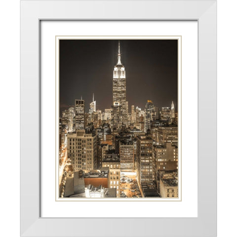 Illuminated Manhattan skyline at twilight - New York City White Modern Wood Framed Art Print with Double Matting by Frank, Assaf