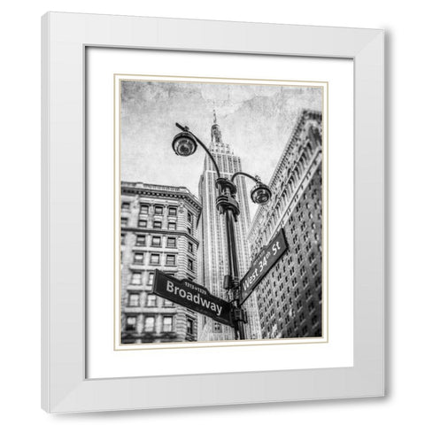 Street lamp and street signs with Empire State building in background - New York White Modern Wood Framed Art Print with Double Matting by Frank, Assaf