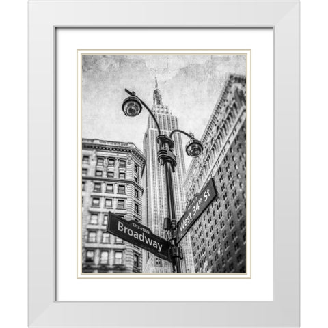 Street lamp and street signs with Empire State building in background - New York White Modern Wood Framed Art Print with Double Matting by Frank, Assaf