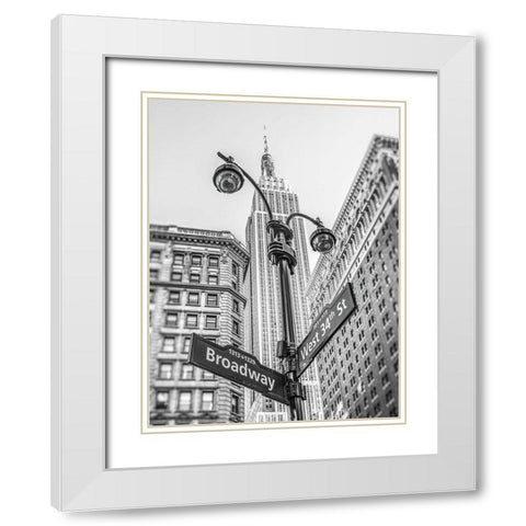 Street lamp and street signs with Empire State building in background - New York White Modern Wood Framed Art Print with Double Matting by Frank, Assaf