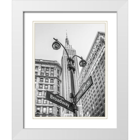 Street lamp and street signs with Empire State building in background - New York White Modern Wood Framed Art Print with Double Matting by Frank, Assaf