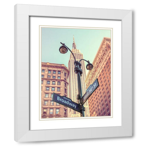 Street lamp and street signs with Empire State building in background - New York White Modern Wood Framed Art Print with Double Matting by Frank, Assaf