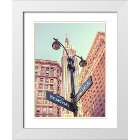 Street lamp and street signs with Empire State building in background - New York White Modern Wood Framed Art Print with Double Matting by Frank, Assaf