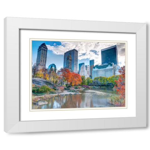 Pond at Central Park with Manhattan skyline, New York White Modern Wood Framed Art Print with Double Matting by Frank, Assaf