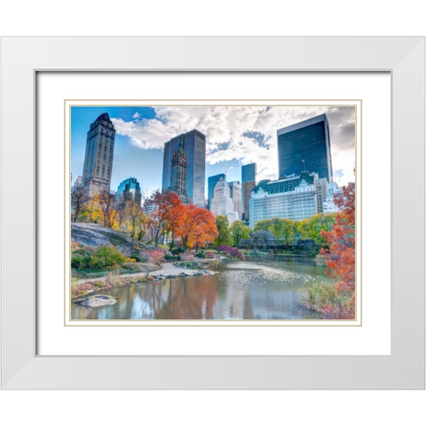 Pond at Central Park with Manhattan skyline, New York White Modern Wood Framed Art Print with Double Matting by Frank, Assaf