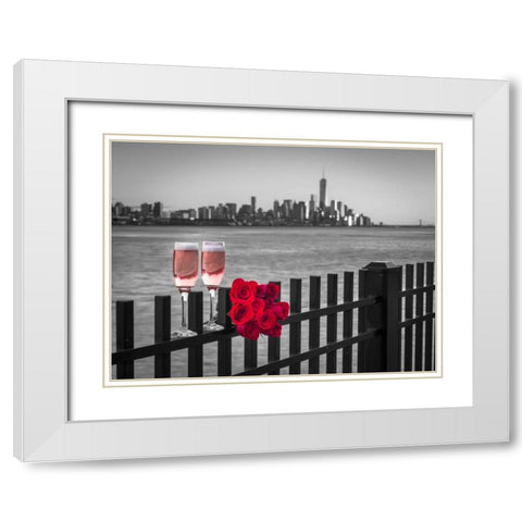 Glasses of Champagne with bunch of roses on railing against Lower Manhattan skylne, New York White Modern Wood Framed Art Print with Double Matting by Frank, Assaf