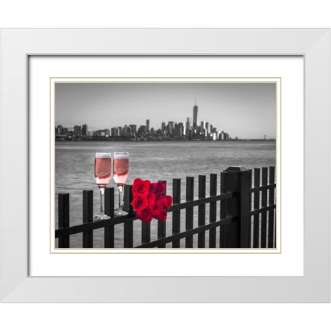 Glasses of Champagne with bunch of roses on railing against Lower Manhattan skylne, New York White Modern Wood Framed Art Print with Double Matting by Frank, Assaf