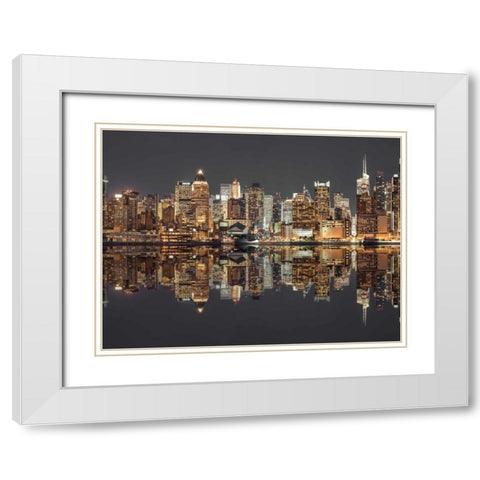 Illuminated Manhattan skyline at twilight - New York City White Modern Wood Framed Art Print with Double Matting by Frank, Assaf