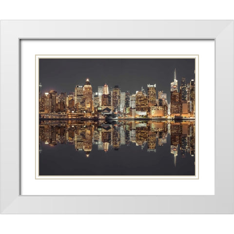 Illuminated Manhattan skyline at twilight - New York City White Modern Wood Framed Art Print with Double Matting by Frank, Assaf