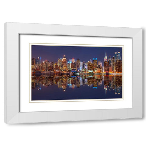 Illuminated Manhattan skyline at twilight - New York City White Modern Wood Framed Art Print with Double Matting by Frank, Assaf