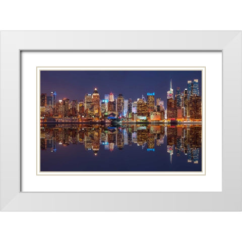 Illuminated Manhattan skyline at twilight - New York City White Modern Wood Framed Art Print with Double Matting by Frank, Assaf