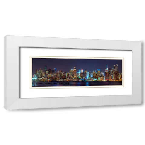 Illuminated Manhattan skyline at twilight - New York City White Modern Wood Framed Art Print with Double Matting by Frank, Assaf