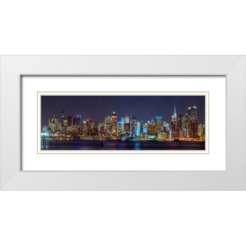 Illuminated Manhattan skyline at twilight - New York City White Modern Wood Framed Art Print with Double Matting by Frank, Assaf